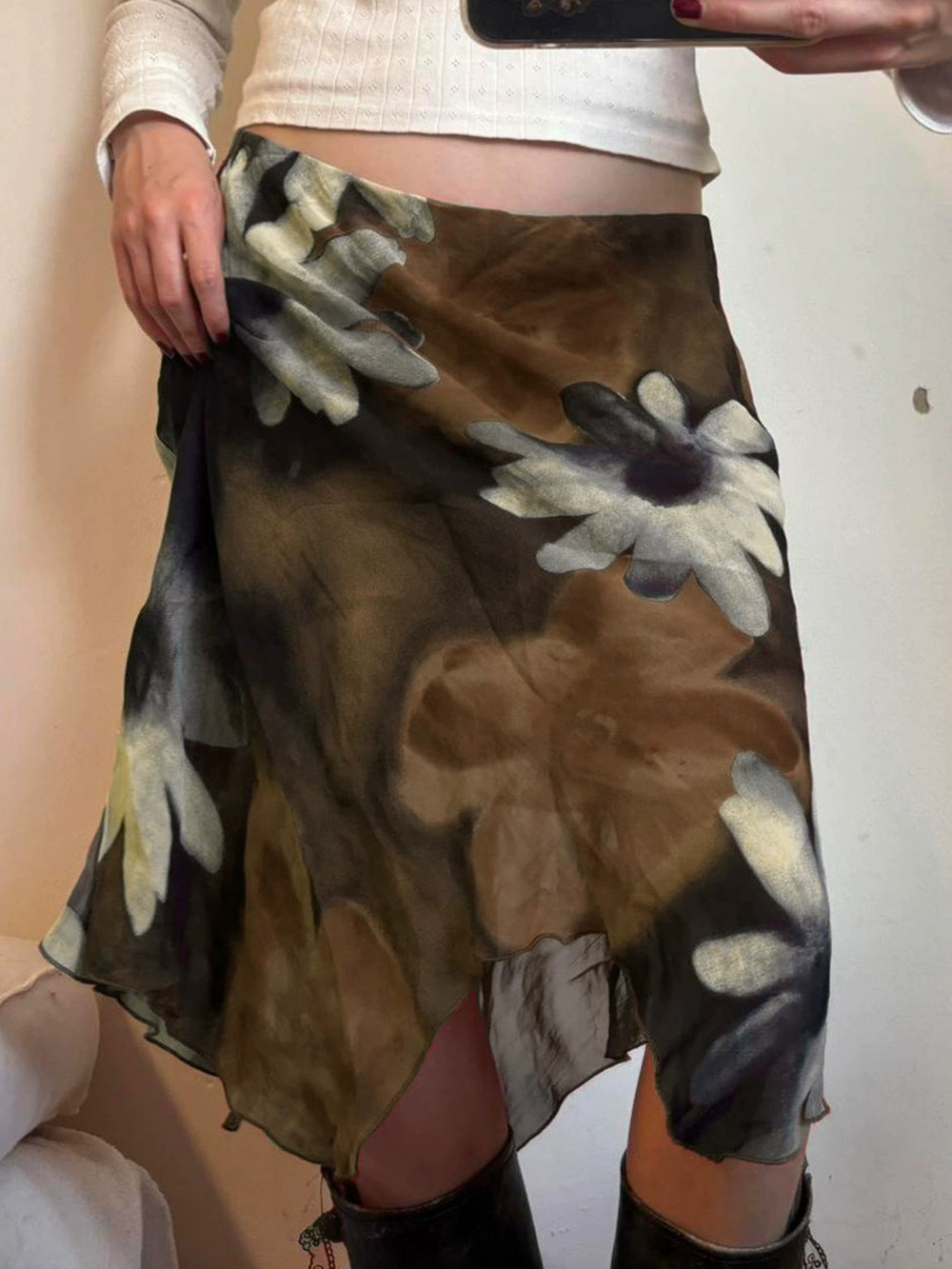ZARA Retro Floral Print Mesh Patchwork Irregular Resort Low Rise Slim Skirt